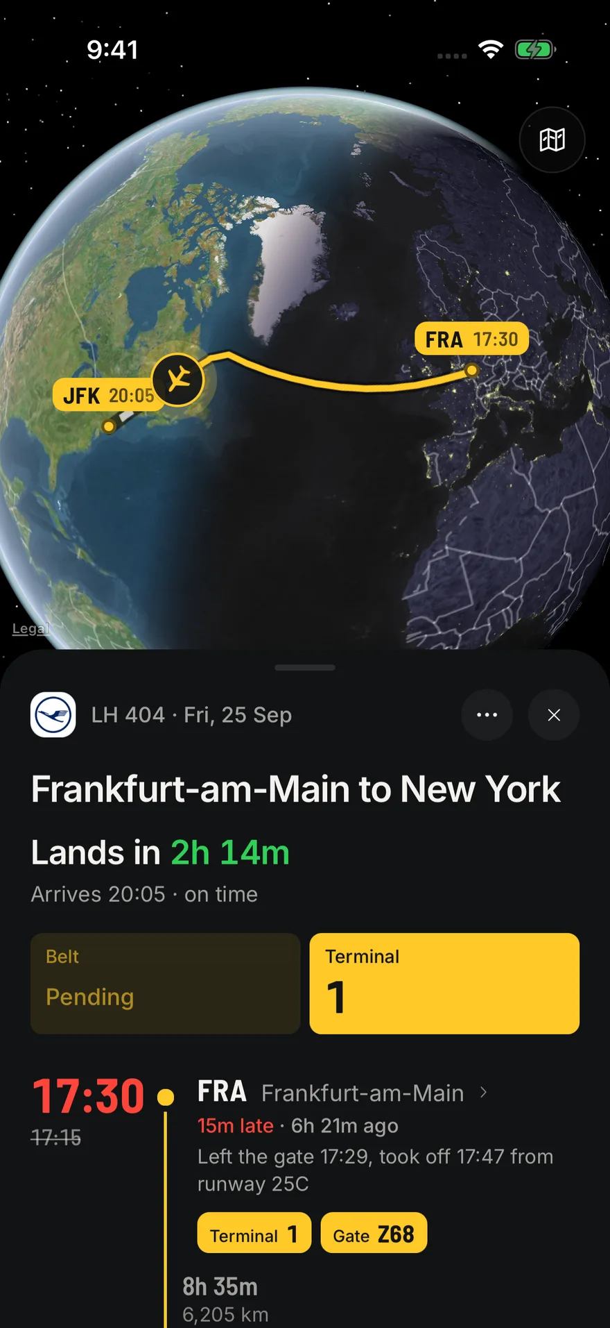 The same flight on iPhone: LH 404 over the Atlantic on a globe, lands in 2 hours 14 minutes at terminal 1, after leaving Frankfurt 15 minutes late from gate Z68.