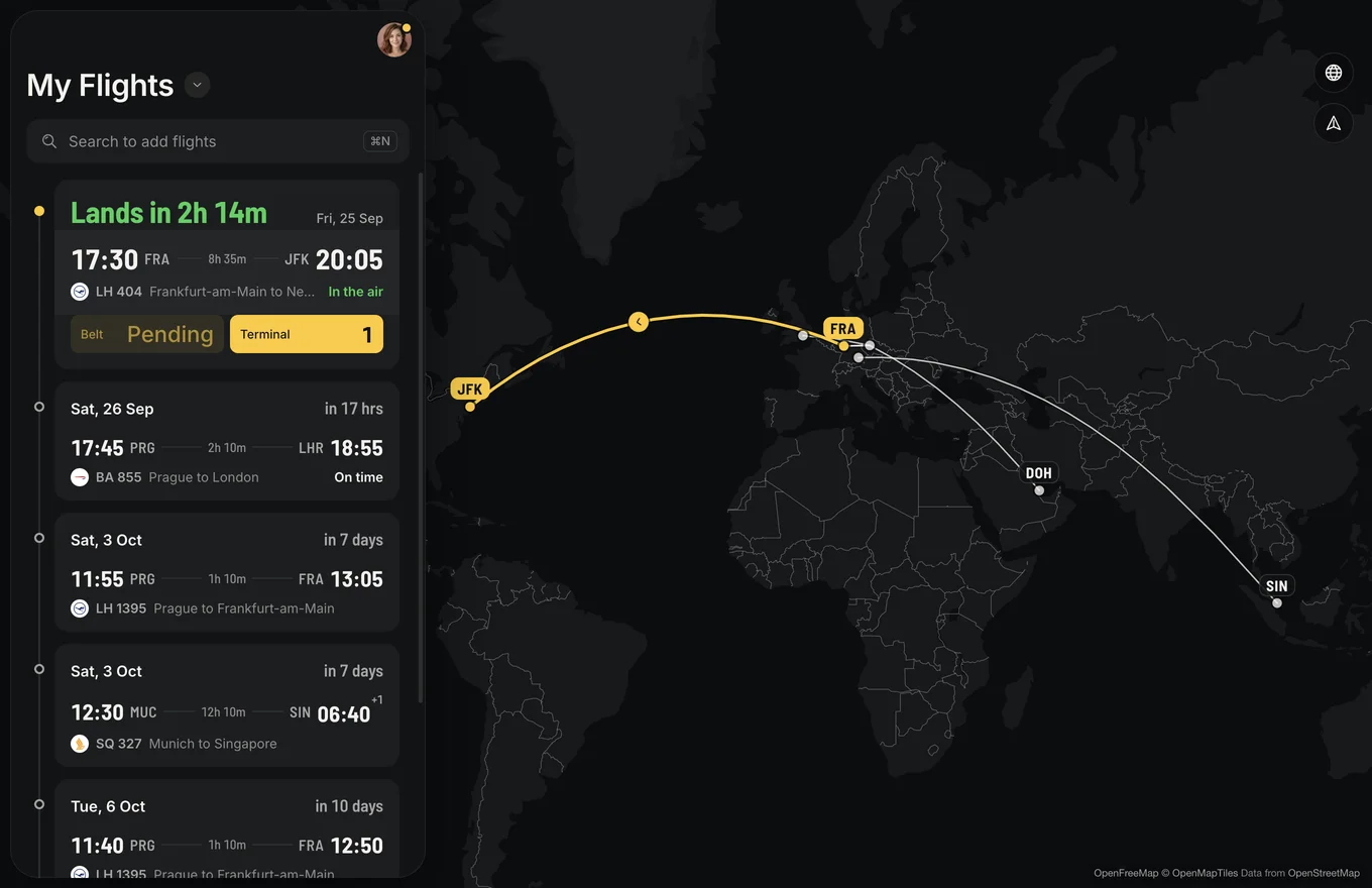 LetsFlight on a Mac: upcoming flights beside a world map. LH 404 from Frankfurt to New York lands in 2 hours 14 minutes, its route drawn in yellow, with flights to London, Frankfurt and Singapore after it.
